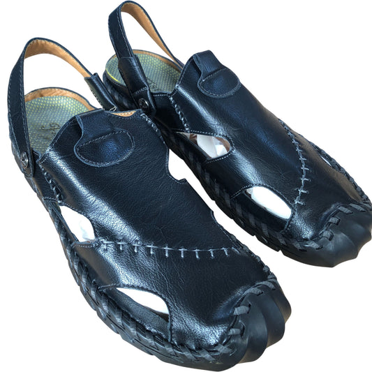 Black Leather Sandals Unisex Open Toe Adjustable Strap UK10.5