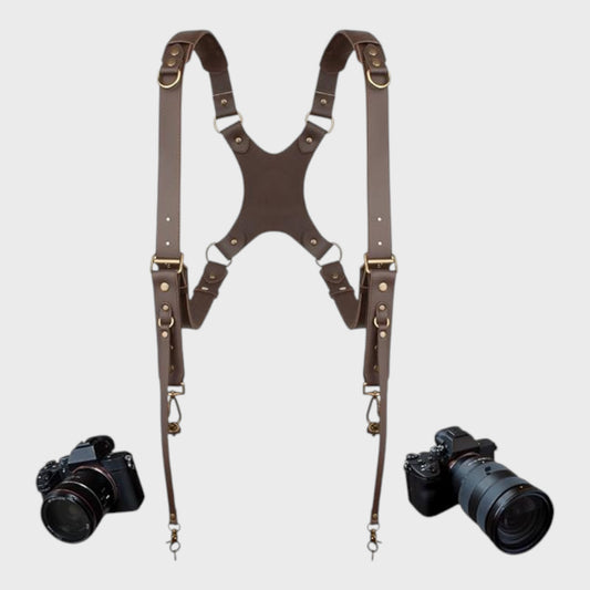 Dual Shoulder Camera Harness for Two Cameras - Brown Leather