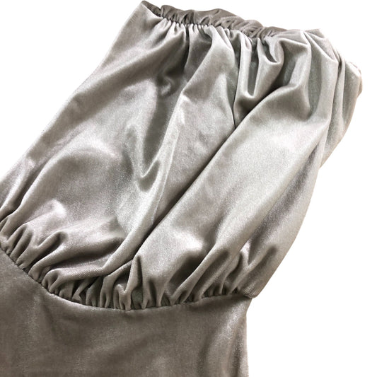 River Island Puff Sleeve Bodysuit UK16 Velvet Shiny Metallic Beige V Neck