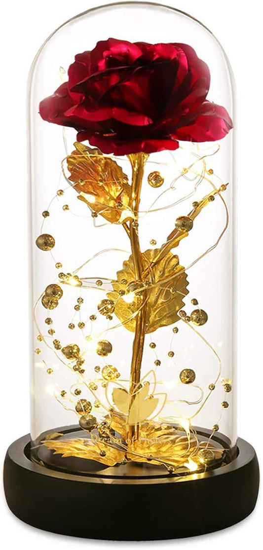 Dream of Flowers Red Gold Foil Eternal Rose Decorative Gift Item Glass Dome