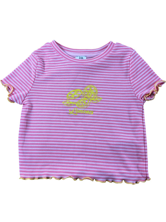 RIVER ISLAND Girls T-Shirt UK5-6 Years Pink Striped Lemon Print Ruffled Hem