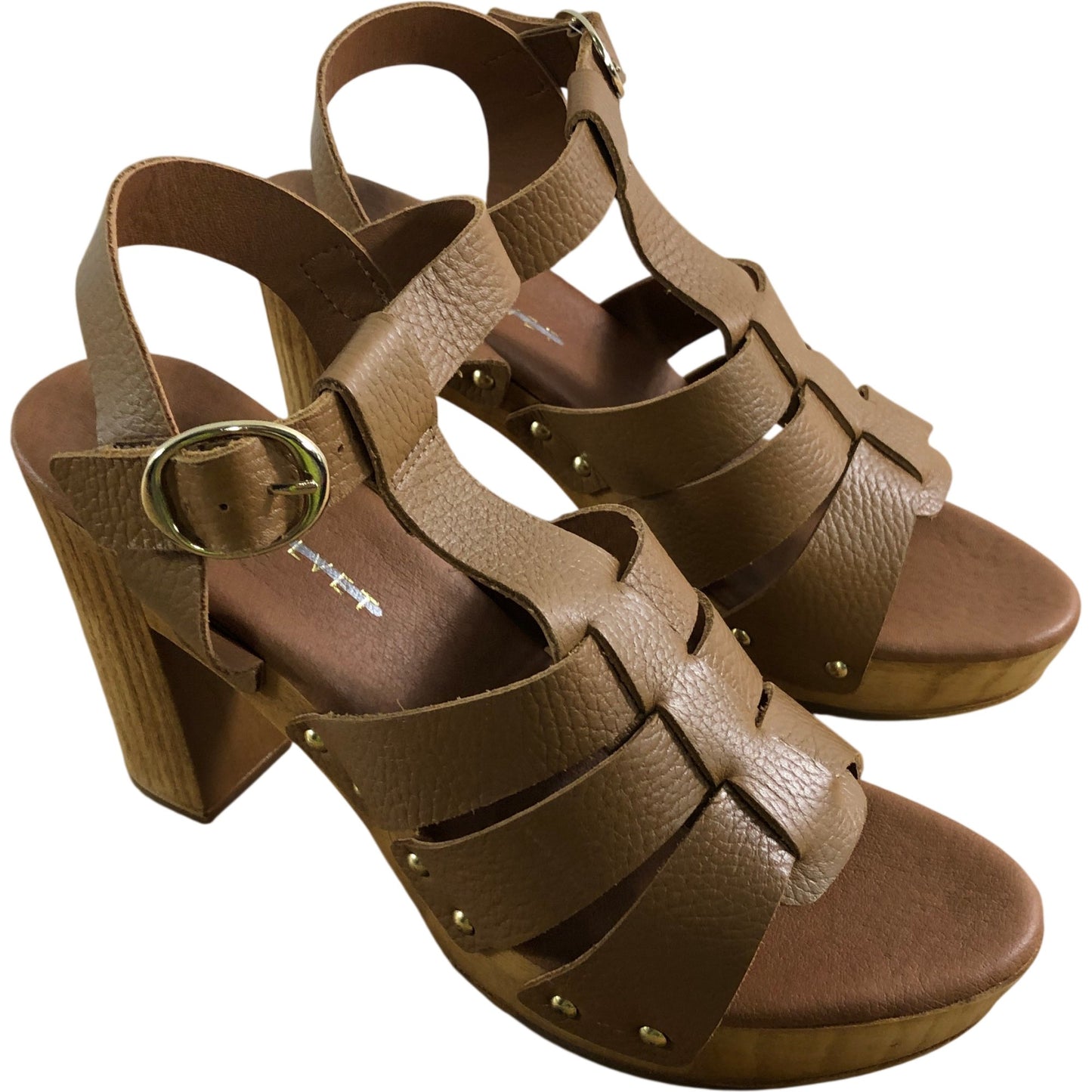 Women's UK8 Tan Leather Block Heel Platform Sandals