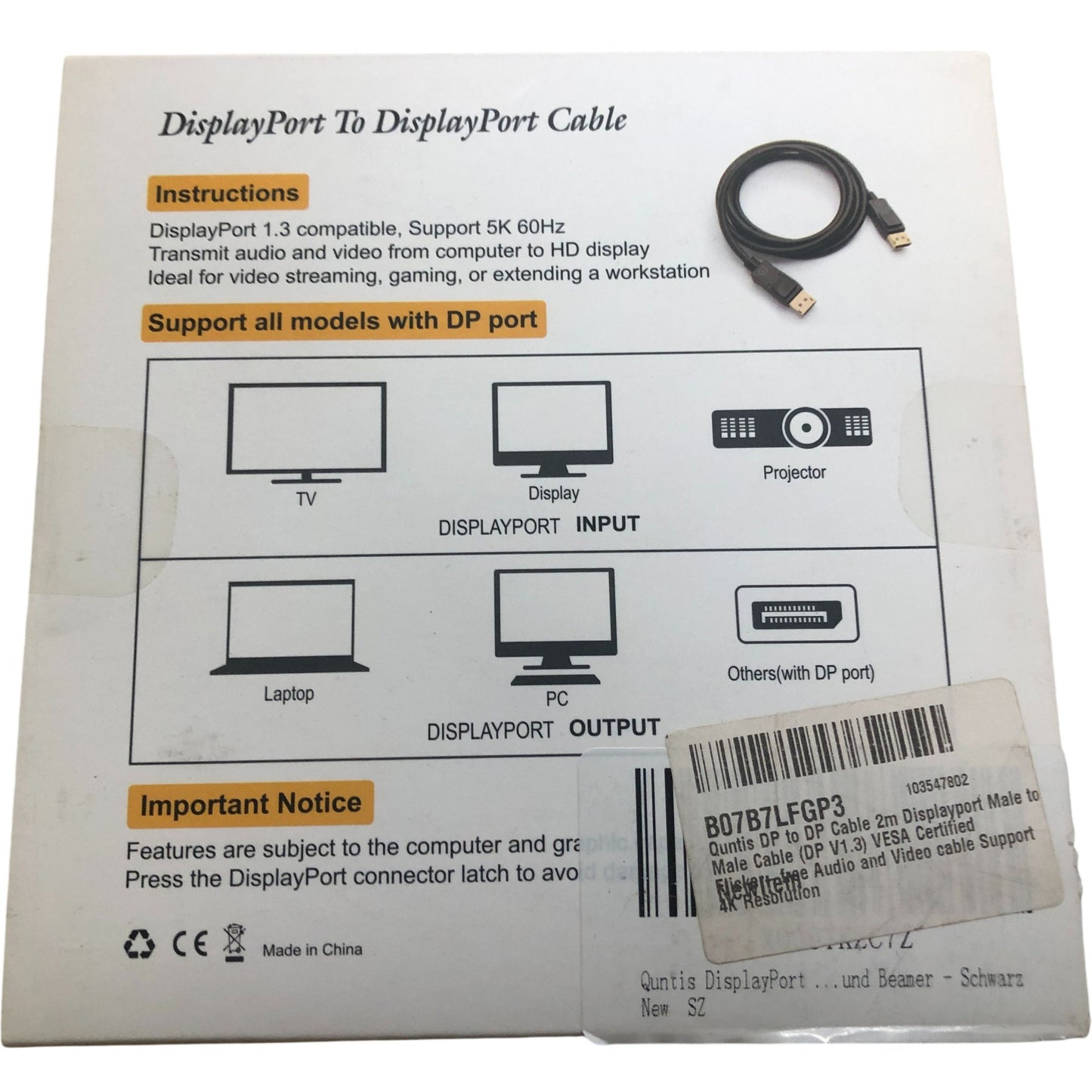 DisplayPort To DisplayPort Cable 2M High Definition Input 5K Supported