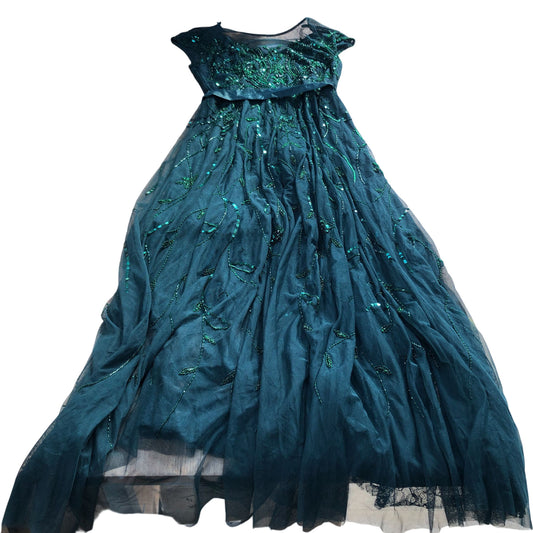 Long Green Beaded Evening Dress UK14 Women's Formal Sparkly Gown
