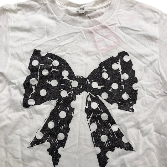 River Island Girls T-Shirt 7-8 Years White Polka Dot Bow Design Short Sleeve Top