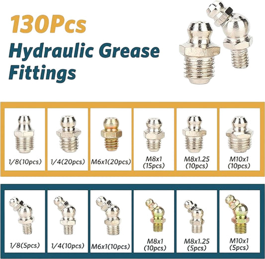 130Pcs Hydraulic Grease Fittings Assortment Kit Metric Threaded Connectors
