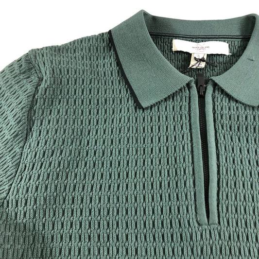 River Island Mens Polo Shirt S Short Sleeve Zip Up Green Textured