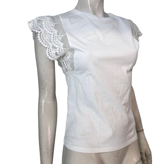 River Island Women's White Top XS Lace Cap Sleeve T-Shirt Elegant Casual