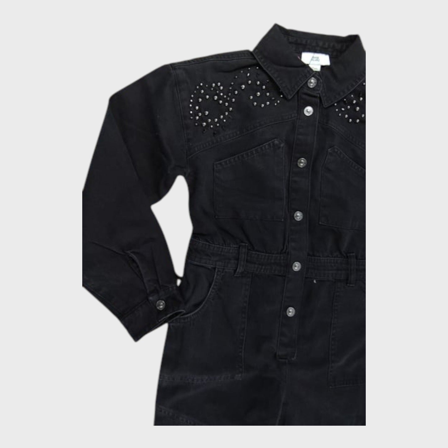 River Island GIRLS Black Denim Jumpsuit Studded Long Sleeve