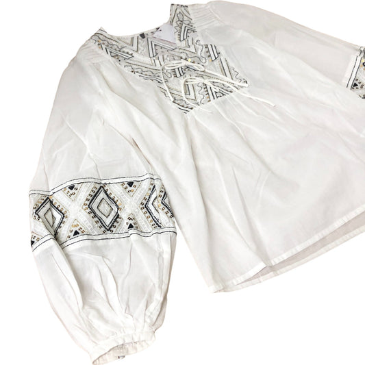Branded Embroidered Blouse Women's White Long Sleeve Cotton Top UK6