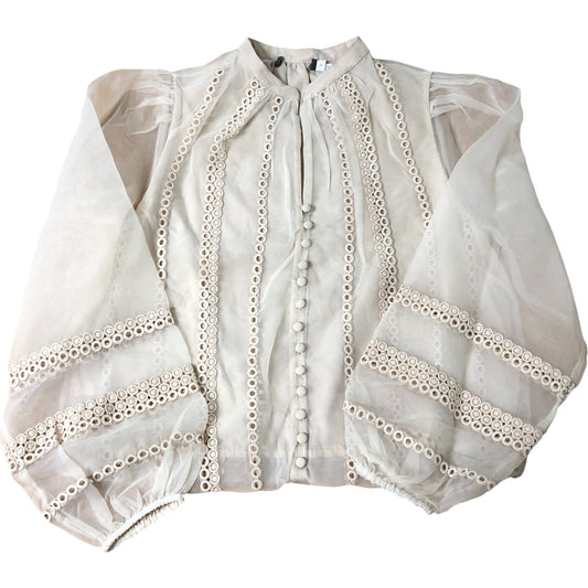 Women's Natural Sheer Trim Detail Blouse Cream Vintage Style UK10