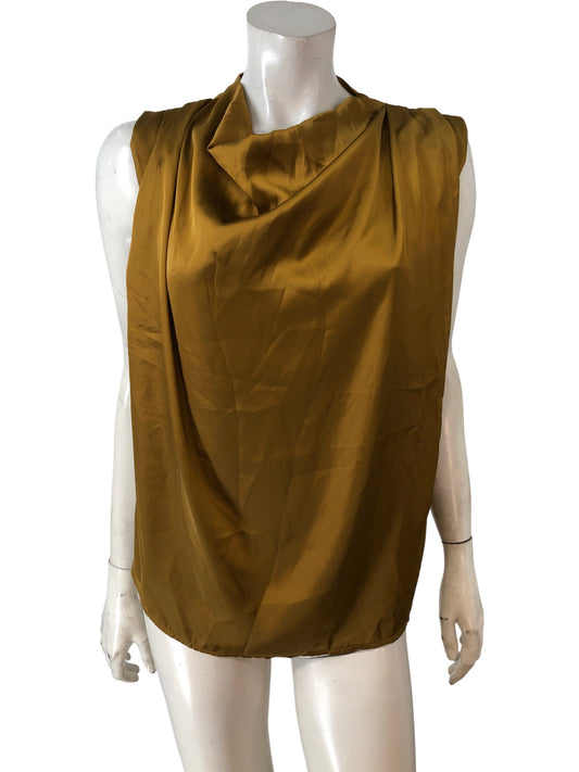 River Island Women's Draped Top UK S Mustard Satin Textured Sleeveless Blouse