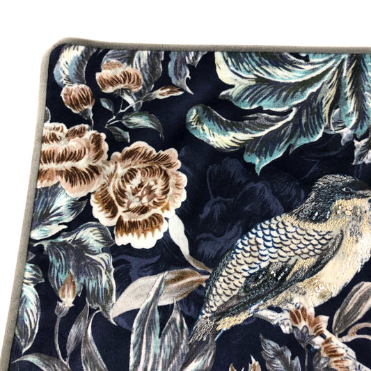 Velvet Floral Bird Embellished Cushion Cover Navy Blue 50 x 50cm