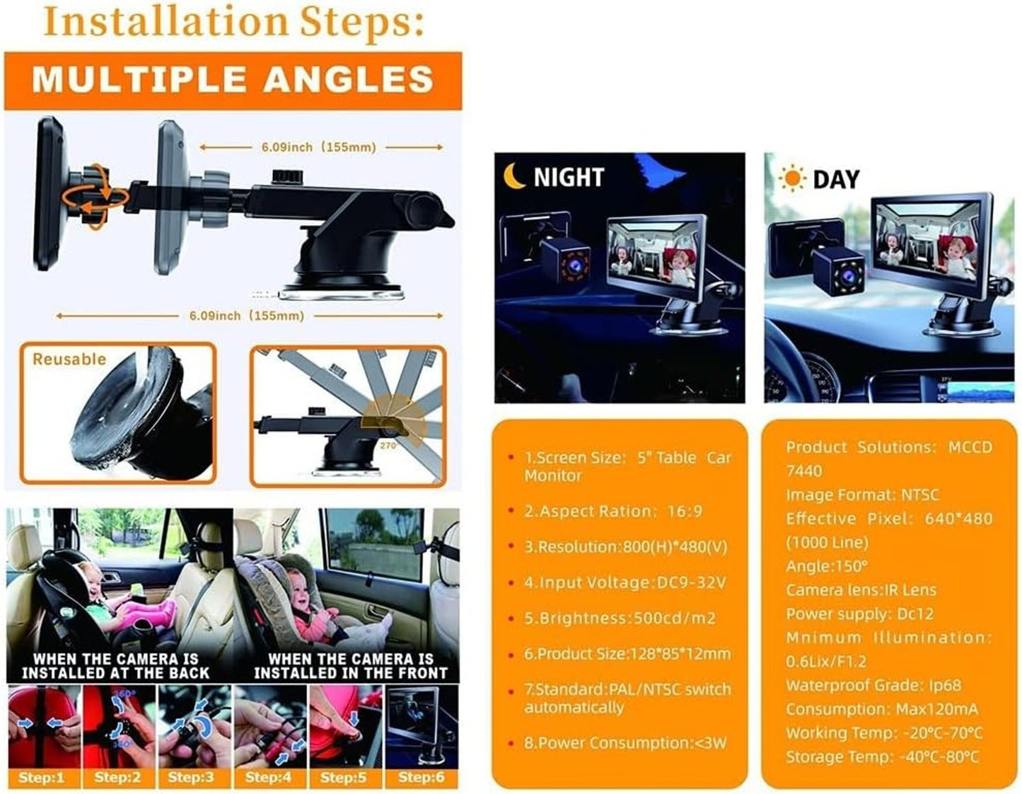 Baby Car Mirror Camera 5 Inch HD Monitor Night Vision Safety Rear View