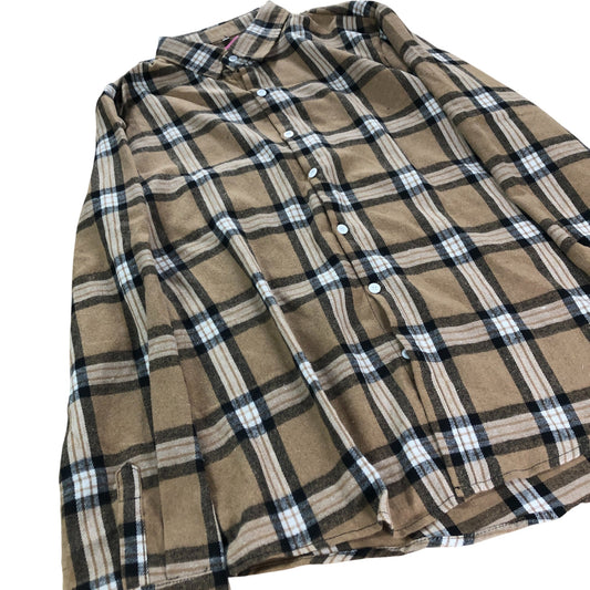 Flannel Shirt Men's Casual Long Sleeve Checked Brown Black XL