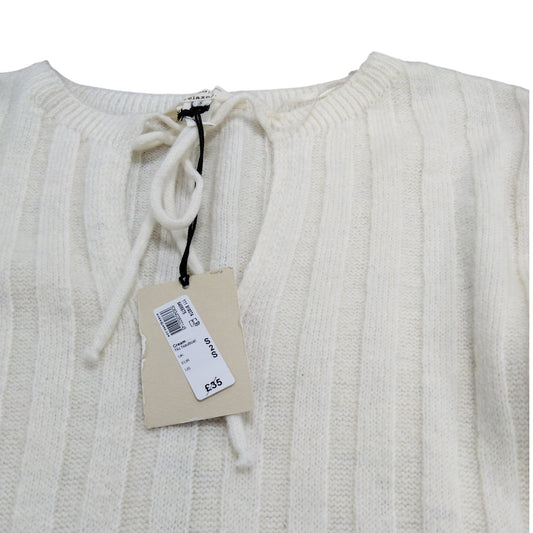 River Island Women's Cream Ribbed Sweater UK Size S Long Sleeve Tie Neck