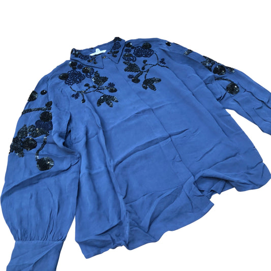 Embroidered Blouse Women's Long Sleeve Blue Viscose Top