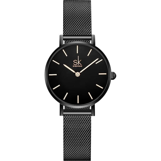 Shengke Ultra Thin Black Mesh Strap Wristwatch Stylish Women's Timepiece