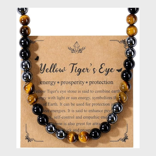 Crystal Beaded Necklace - Tiger's Eye, Obsidian & Hematite - 50cm