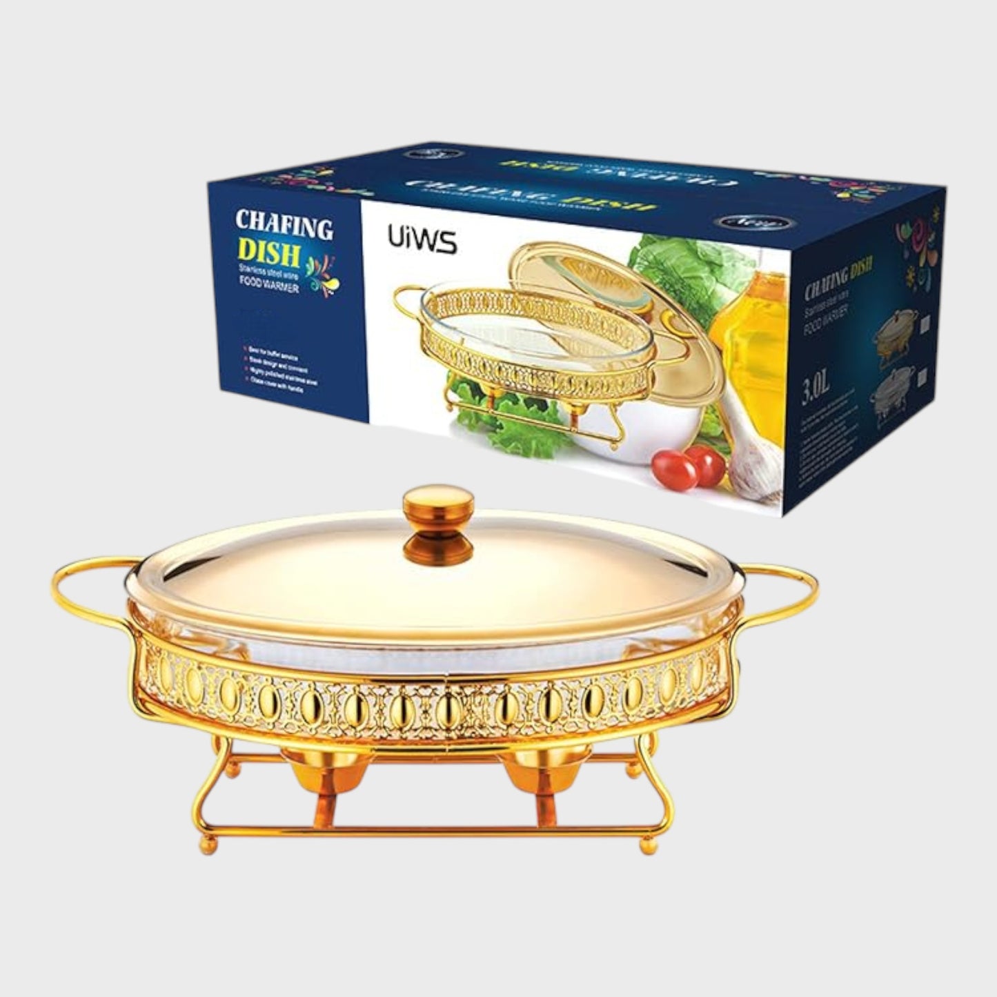 Buffet Chafing Dish Alcohol Stove with Glass Tray - Gold - 1.5 Litre