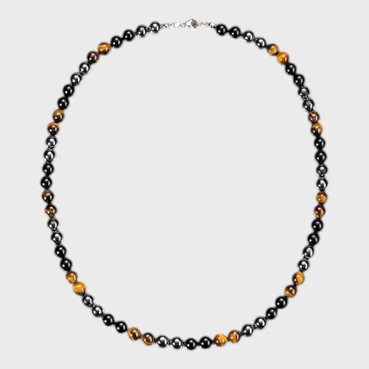 Crystal Beaded Necklace - Tiger's Eye, Obsidian & Hematite - 50cm