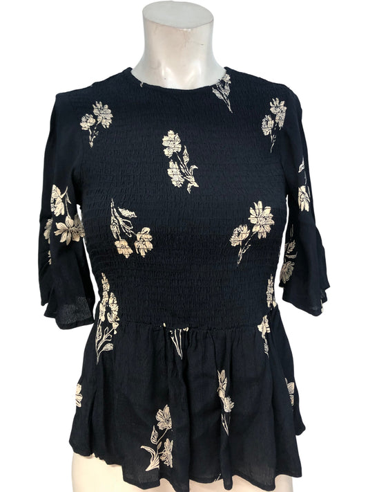 Rivers Island Casual Black Peplum Top UK6 Women's Floral Embroidery Short Sleeve
