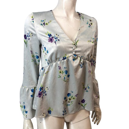 River Island Floral Print Peplum Top Women's Pale Silver Long Sleeve Size 8