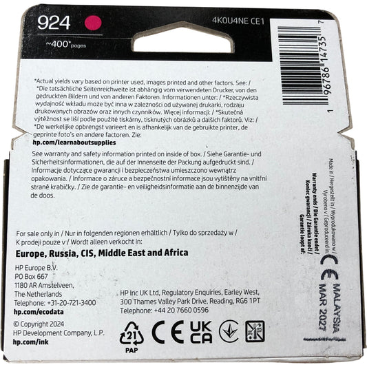 HP 924 Magenta Ink Cartridge 1 Original HP Ink Cartridge Compatible With Priners