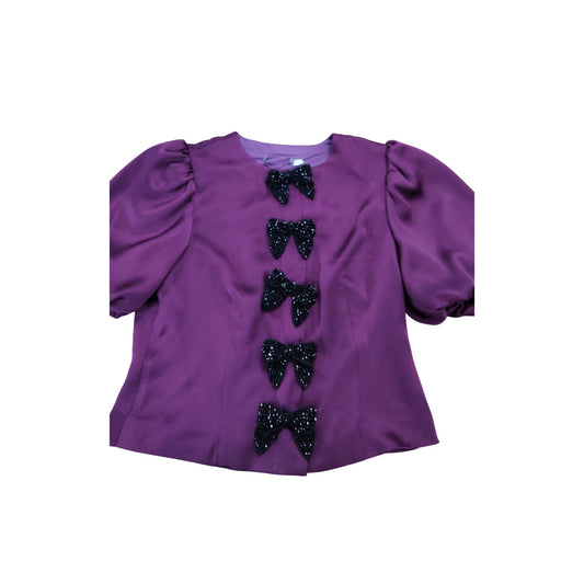 Purple Satin Blouse UK12 Women's Puff Sleeve Beaded Bow Detail Top
