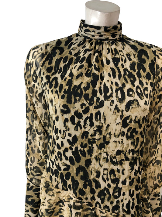 River Island Leopard Print Midi Dress Women High Neck Long Sleeve Size 8