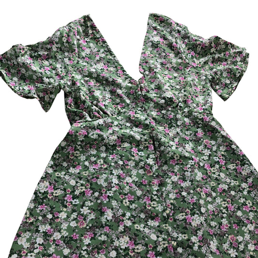 Brave Soul Floral Print Maxi Dress XS Women's Short Sleeve V Neck Green