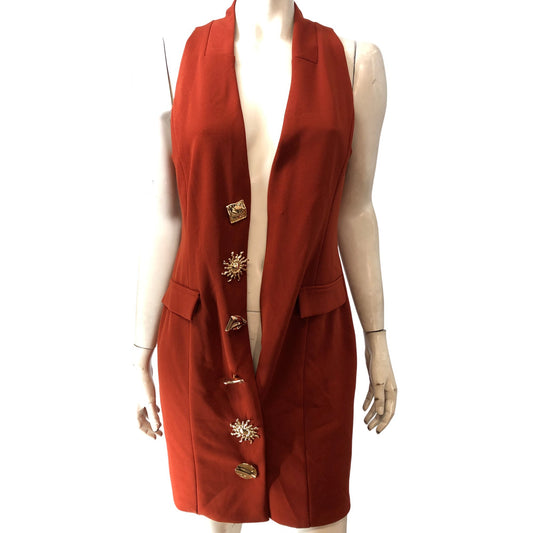 River Island Rust Sleeveless Dress UK 12 Women's Stylish V Neck With Buttons