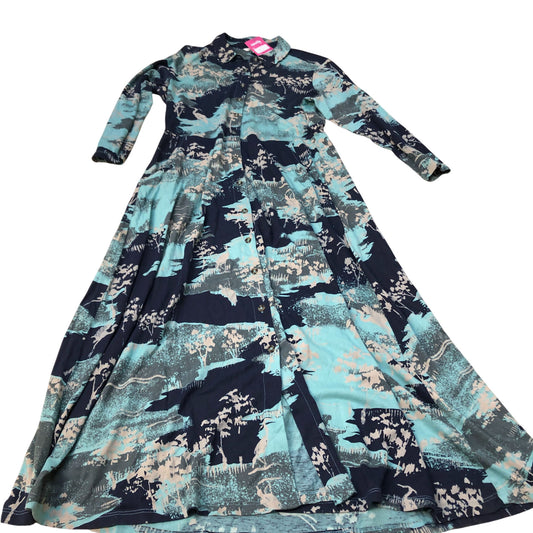 Maxi Dress Size UK10 Women's Floral Long Sleeve Button Front Blue