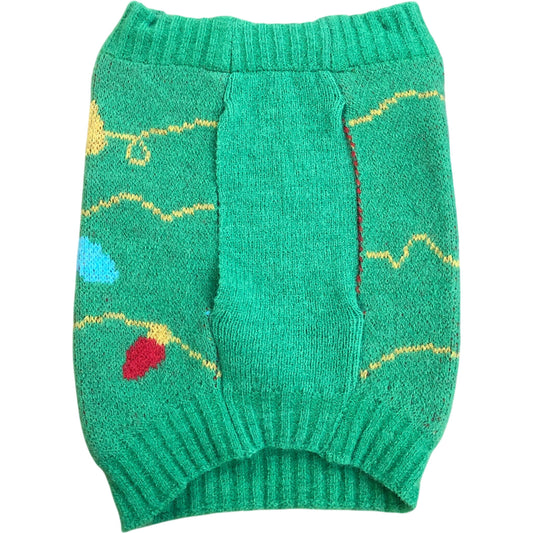 Green Christmas Dog Sweater String Lights Detail XS