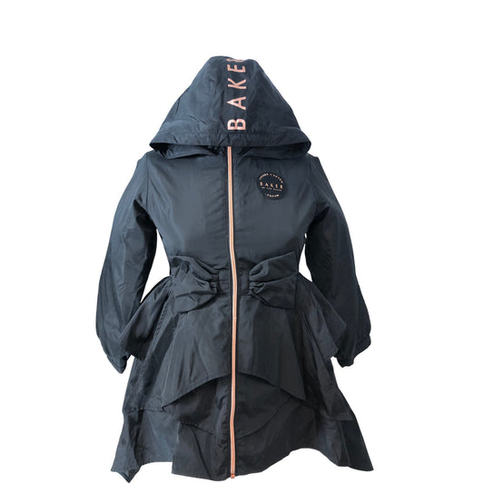 Baker By Ted Baker Girls Black Hooded Coat Size 8 Years Bow Detail