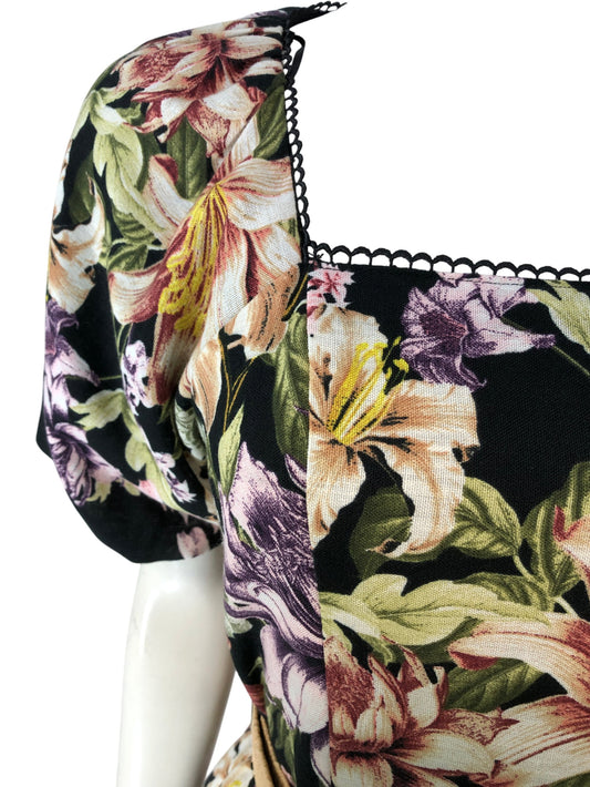 River Island Floral Print Dress UK16 Women's Flared Short Sleeve Belted