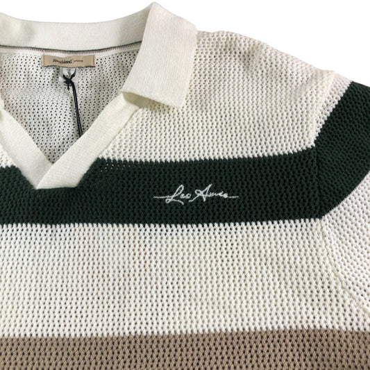 River Island Stripe Polo Shirt Size S Men's Casual Green Cream Cotton Knit