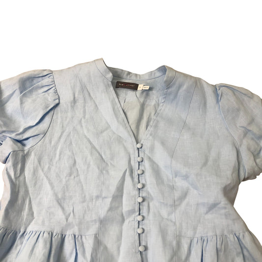 Short Sleeve Peplum Blouse Women's Light Blue Linen Button-Up Medium