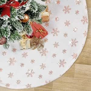 White Faux Fur Plush Christmas Tree Skirt Rose Gold Snowflakes 48"