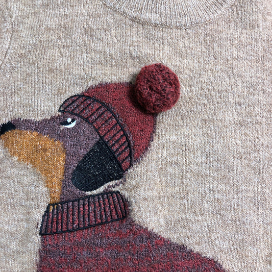 Angel & Rocket Kids Cute Dachshund Sweater Aged 6 Knit Jumper Brown Red Pom Pom