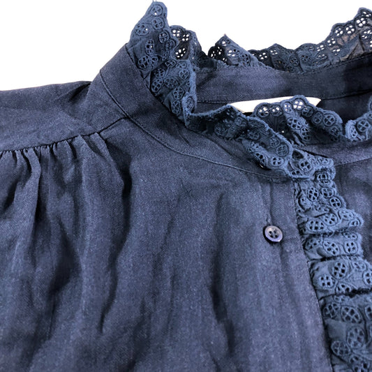Navy Lace Trim Long Sleeve Blouse - Size 24