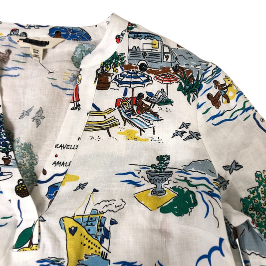 Linen Summer Dress UK12 Women's Beach Print Casual Long Sleeve