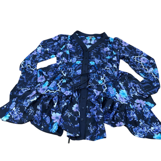 River Island Women's Floral Print Long Sleeve Dress Size 8 Navy Blue Ruffle Hem