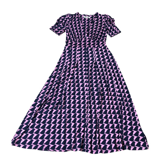 Boden Women's Midi Dress Pink Navy Geometric Bird Pattern Short Sleeve Size 8