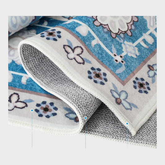 Soft Short Pile Lace Design Blue Rug - 80cm x 180cm