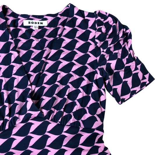 Boden Women's Midi Dress Pink Navy Geometric Bird Pattern Short Sleeve Size 8