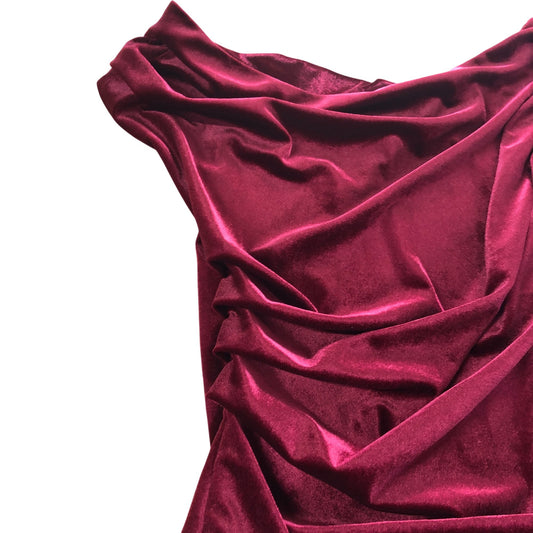 River Island UK10 Women's Off Shoulder Asymmetric Velvet Maxi Dress Burgundy