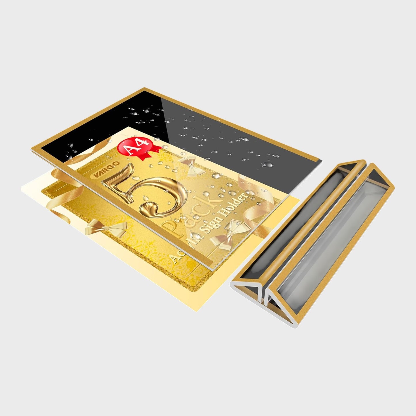 A4 Double Sided Acrylic Display Stand Sign Holder - Pack of 5 - Gold