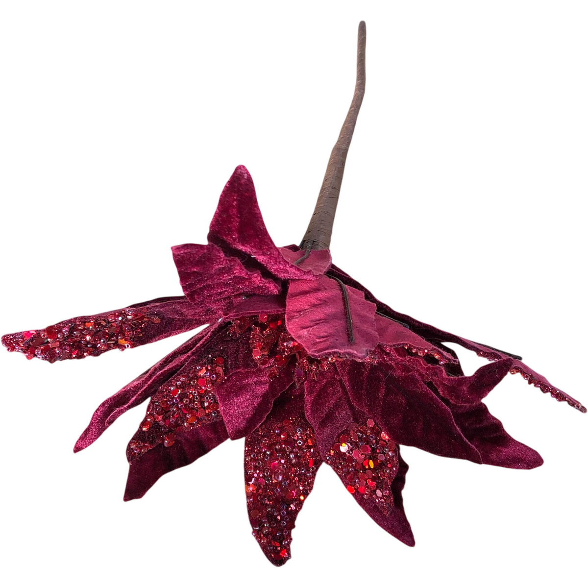 Artificial Red Velvet Floral Decoration Sparkling Poinsettia Plant