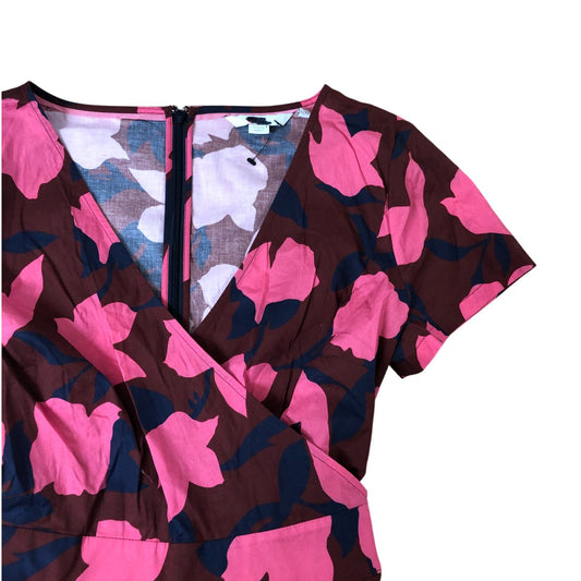 Stylish Floral Wrap Dress UK12 Women's V Neck Short Sleeve Midi Brown Pink